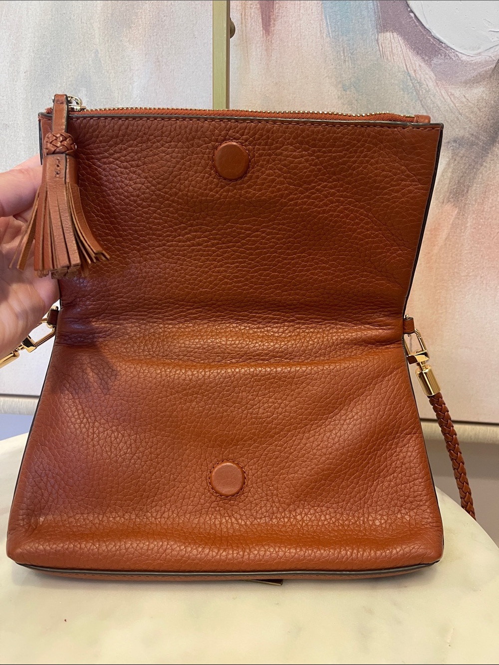 Tory Burch Cognac Leather Braided-Strap Crossbody - Picture 6 of 7
